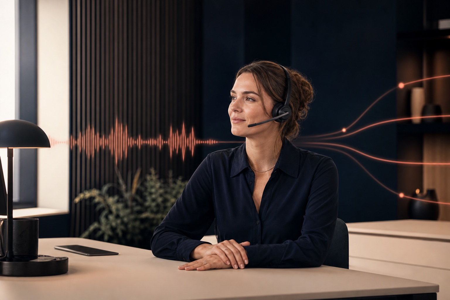 AI voice specialist in a Nordic customer operations studio with a coral voice visualization