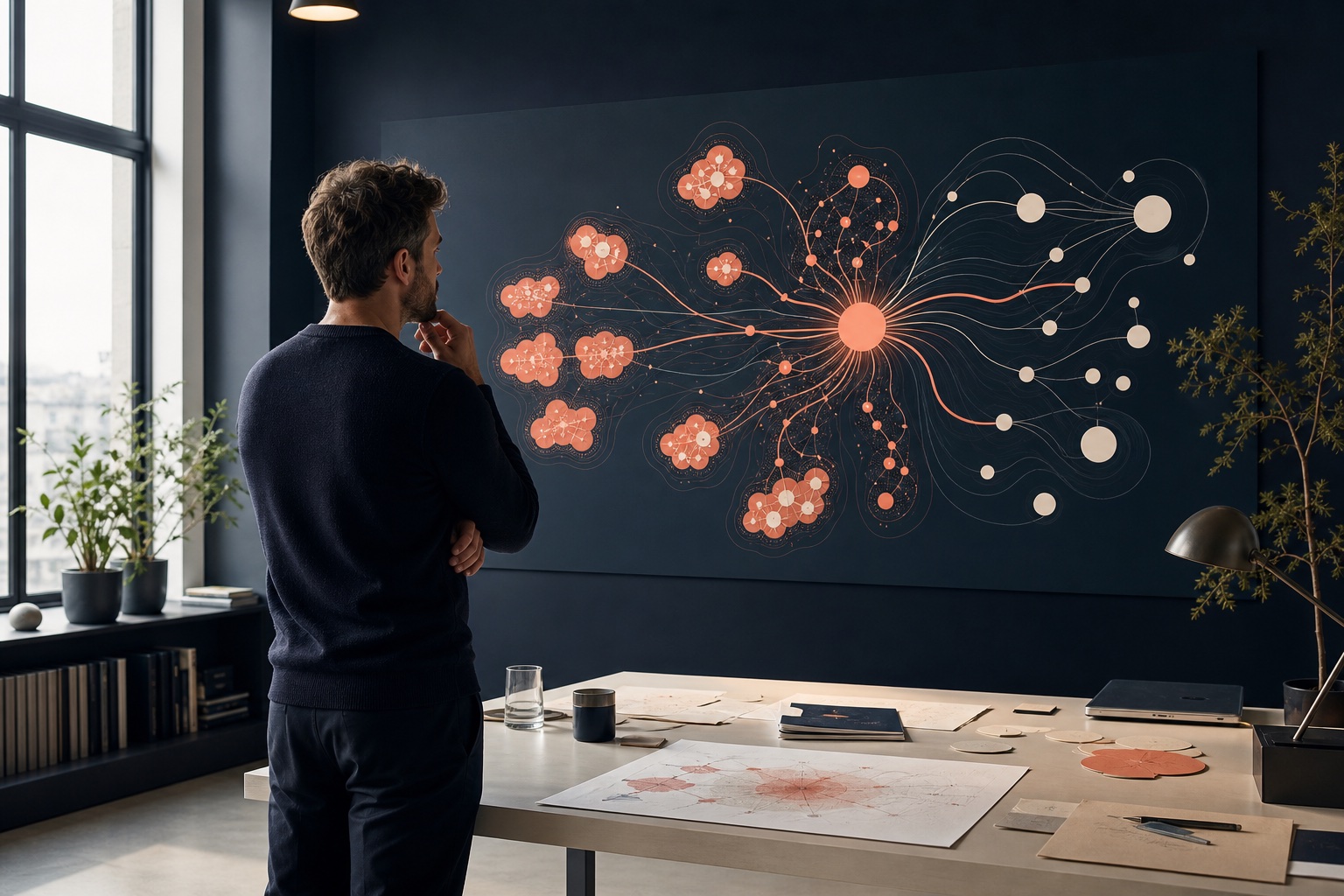 Growth strategist studying a visual network of search topics and connections in a Nordic studio